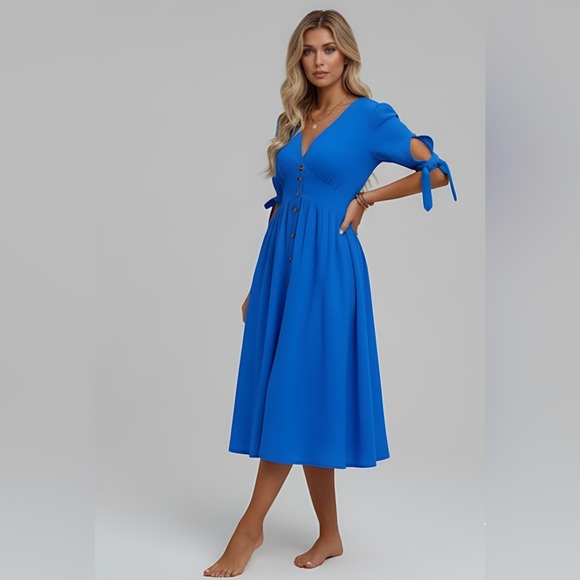 Blue Button Front A-line Cotton Dress - Picture 3 of 6